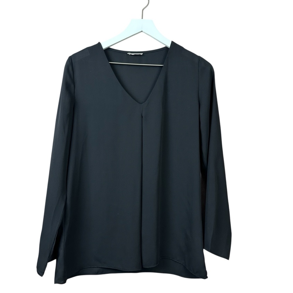 Adrienne Sheer Black V Neck Womens Long Sleeve Top Sz S